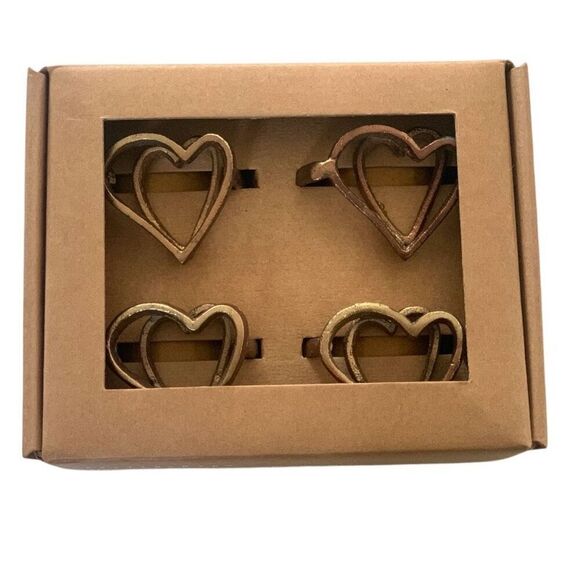 Pottery Barn Heart-Shaped Napkin Rings Set of 4 - Handcrafted Aluminum Brass Fin - Picture 2 of 3